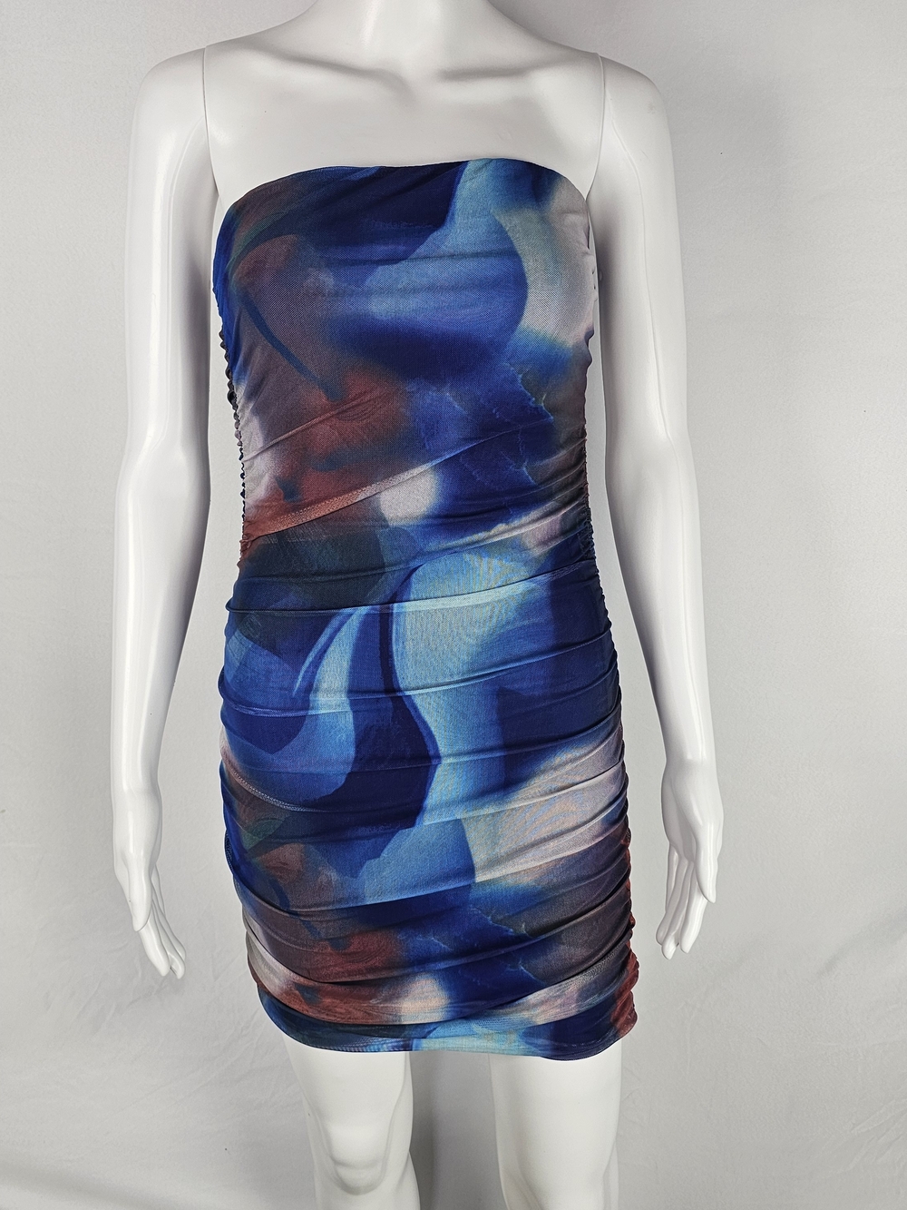 Princess Polly Strapless Blue Marble Ruched Bodycon Dress with Red Accents
